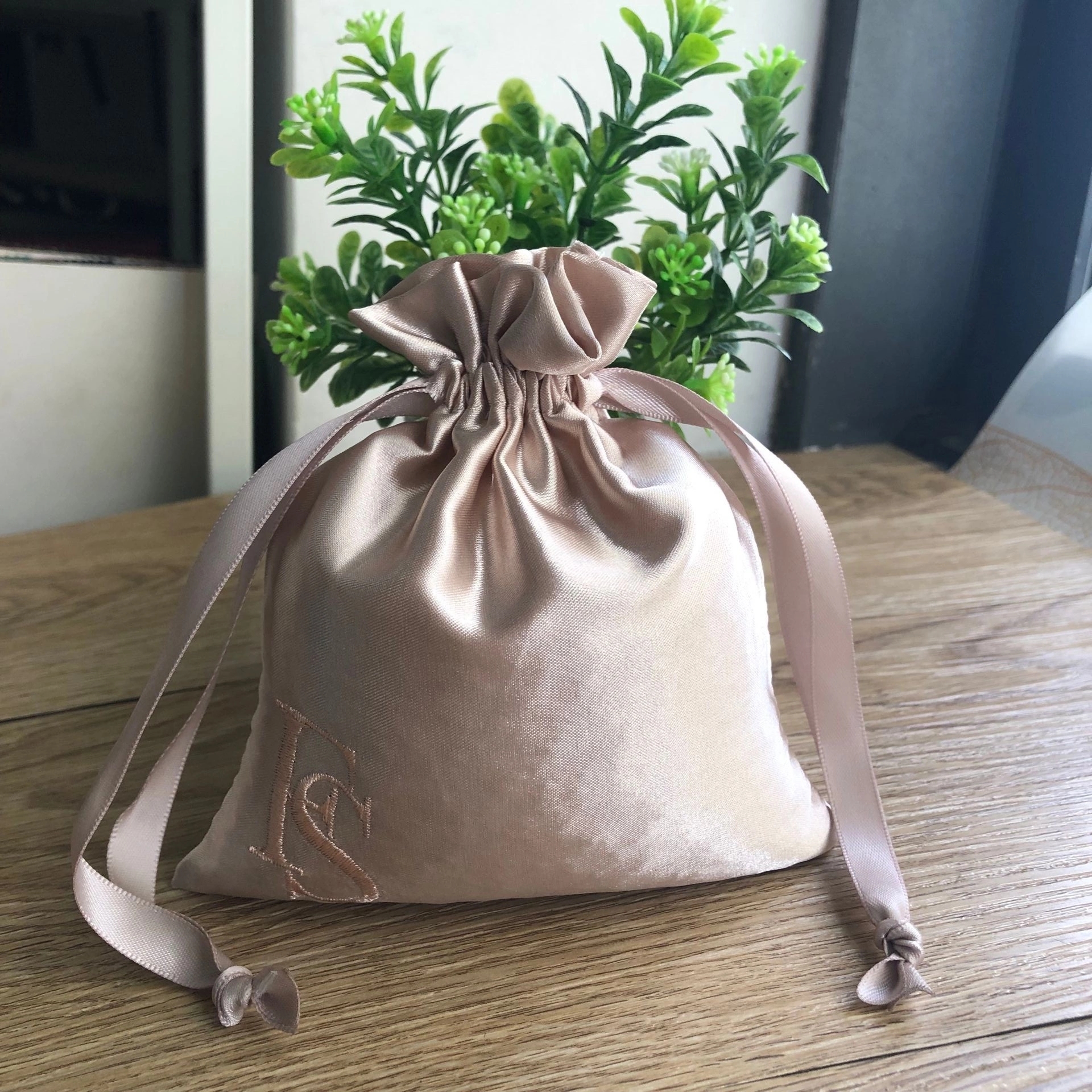 Custom satin gift bag with logo for wedding favors and jewelry packaging