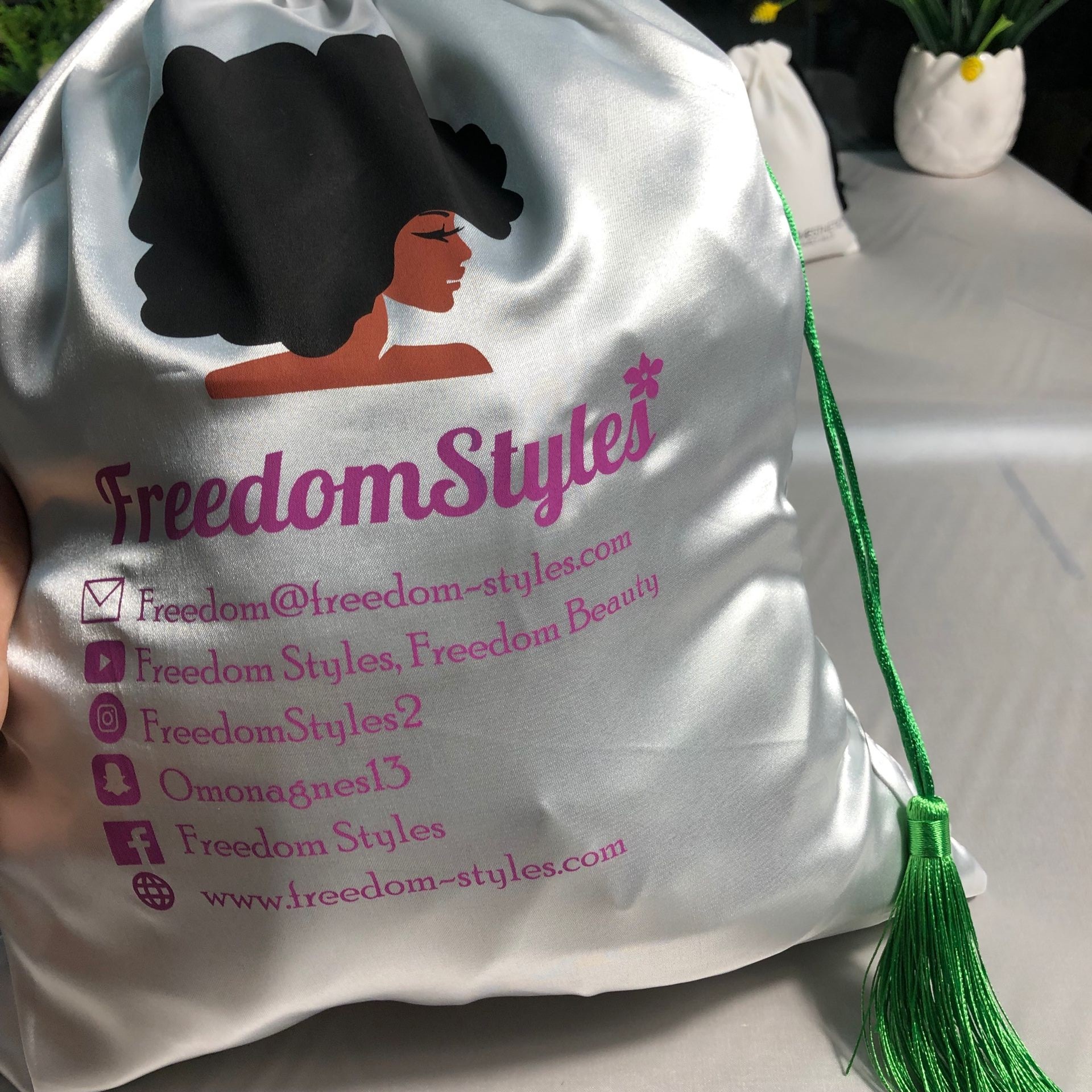 Satin drawstring bag with custom printed logo
