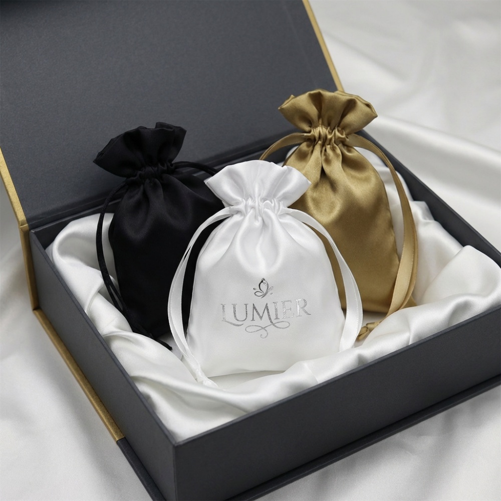 custom satin bag with logo for wedding favor jewelry and gift packaging, wholesale satin gift pouch for small products