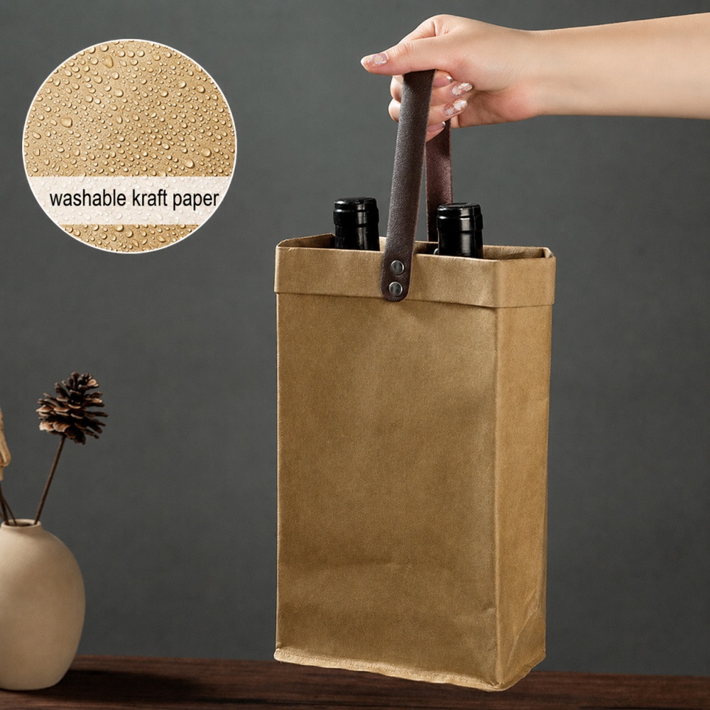 custom washable kraft paper bag with logo for eco retail packaging, kraft paper wine bag with leather handle